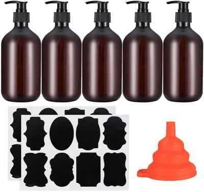 Dailygoods- Zeepdispenser Set 5 x 500 ml - Lege Pompflessen - Bruin PET - Trechter - Etikettenstickers - Duurzaam Materiaal