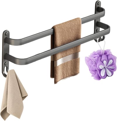 SnelShoppen - Badkamer Handdoekhouder 40cm, Wandgemonteerde Handdoekenrek met 2 Haken, Zelfklevend Dubbel Handdoekrek, Geen Boren Nodig voor Badkamer,