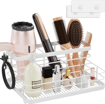 Haardroger Houder Stand Metaal - Muurbevestiging Haar Gereedschap Accessoires Organiser - Opslag Countertop Vanity Badkamer - wit