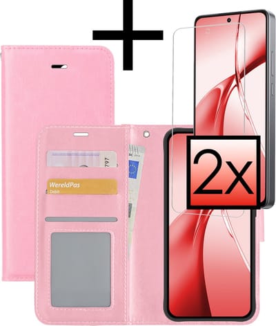 Hoesje - Met 2x Screenprotector - Geschikt voor OnePlus Nord CE4 - Luxe Pasjeshouder - Bookcase Portemonee - Flip Case - Kunstleer Book Case - Flipcase Hoes - Book Cover - Walletcase - Portemonneehoes - Lichtroze
