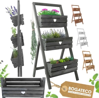 BOGATECO set van 3 bloempotten op standaard 110cm | Set van 3 bloempotten, plantenbakken 40x18cm | Houten bloempot voor tomaten en bloemen, plantenbak voor tuinbalkon