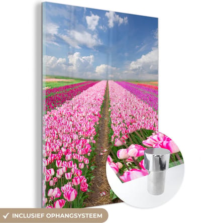 MuchoWow® Glasschilderij 30x40 cm - Schilderij acrylglas - Tulpen - Zon - Lente - Foto op glas - Schilderijen