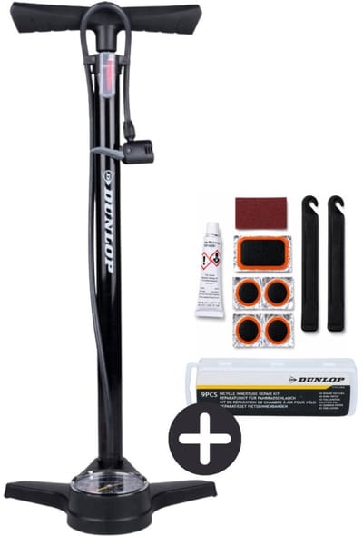 Dunlop Fietspomp met Drukmeter en Fiets Reparatieset 9-delig - Fietsgereedschap met Bandenplakkers en Bandenlichters - Geschikt voor Presta Dunlop Schrader Ventiel - Zwart