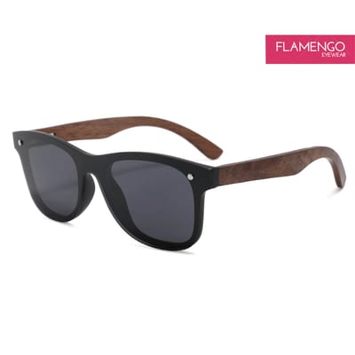 FLAMENGO Randloze Zonnebril – Sunglasses - Festival - Sport - Wintersport – Strand - Ski zonnebril - UV400 – Gepolariseerd - Geschikt voor dames/heren – Stijlvol Design – Zwart met houten poten - incl. brillenzakje