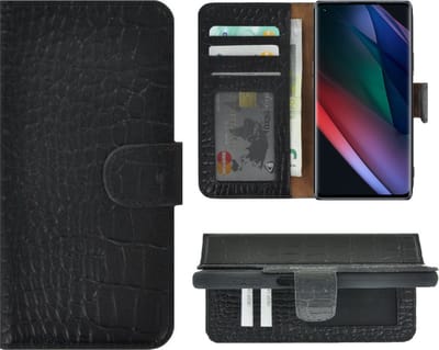 Hoesje Oppo Find X3 Neo - Bookcase - Oppo Find X3 Neo Wallet Book Case Echt Leer Croco Zwart Cover