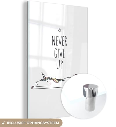 MuchoWow® Glasschilderij 120x180 cm - Schilderij acrylglas - Unicorn - Kinderen - Quotes - Never give up - Meisjes - Foto op glas - Schilderijen