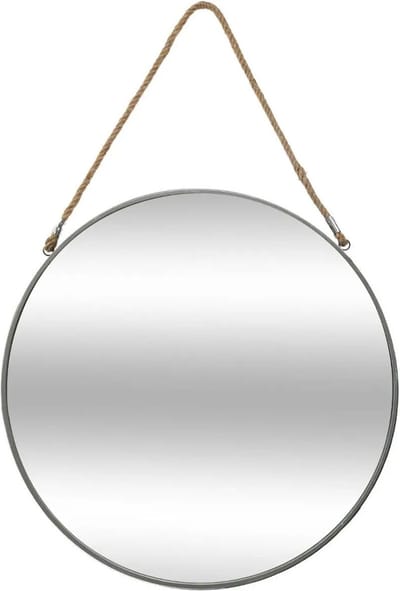 Atmosphera Spiegel/wandspiegel - rond - Dia 55 cm - metaal/glas - grijs - met jute ophangtouw
