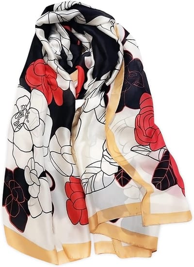 Zijde Sjaal voor Dames - Warme en Zachte Sjaal met Artistiek Bloemmotief, Perfect als Stola of Neckerchief voor Elk Seizoen, Camelia/Rood