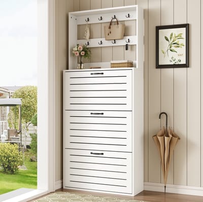 DESMIU Schoenenkast - Met 3 Deuren En 8 Haken - Voor Hal, Gang En Slaapkamer - Spaanplaat - 70 x 25 x 165 Cm - Wit En Zwart