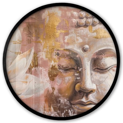 Poster in lijst Rond - Fotolijst 40x40 cm - Posters - Buddha - Bloem - Goud - Roze - Abstract - Ronde posterlijst zwart - Decoratie - Wanddecoratie woonkamer - Muurdecoratie slaapkamer
