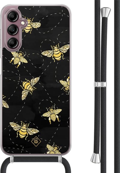 Casimoda® hoesje met koord - Geschikt voor Samsung A14 - Bee Happy - Afneembaar koord - TPU/acryl - Zwart