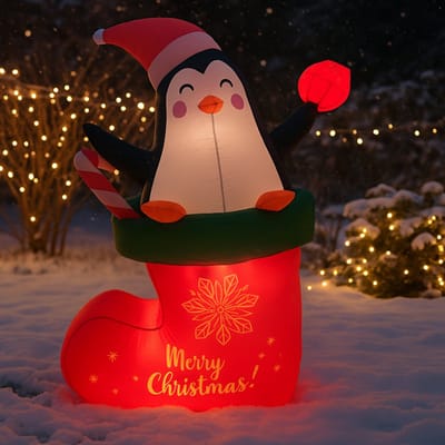 HEM Opblaasbare Kerstdecoratie Pinguïn in Kerstsok – 178 cm Hoog – Met LED Verlichting - Inclusief Blower, Touwen & Opbergzak – Waterdicht Polyester – Voor Binnen & Buiten