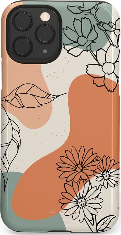 Casetastic hoesje geschikt voor Apple iPhone 11 Pro - Dubbellaagse bescherming - Lijnenspel Botanisch - Fashion Case - Crème Saliegroen Perzik