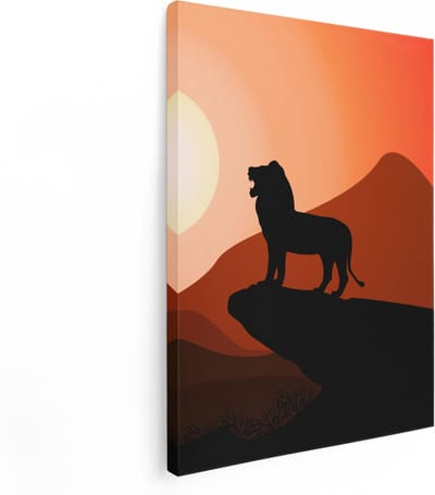 Artaza Canvas Schilderij Leeuw Afrika - 30x40 cm - Klein - Wanddecoratie Silhouet - Muurdecoratie Zon - Kamer Accessoires