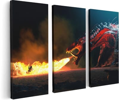 Artaza Canvas Schilderij Drieluik Draak Spuwt Vuur op een Paard en Knecht - 120x80 - Foto Op Canvas - Canvas Print
