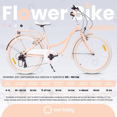 Flower Bike Kinderfiets 24 inch meisjes van 8 tot 12 jaar, Abrikoos, Fiets voor een meisje met 7 versnellingen, bagagedrager, metalen spatborden, V-brake, kettingkast