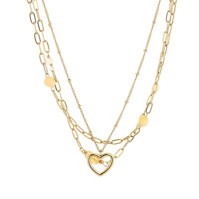 Layered Dames Ketting met Hartje & Natuursteen Geel – Goudkleurig Stainless Steel – Kleurvast – Verstelbaar 40 + 5 cm