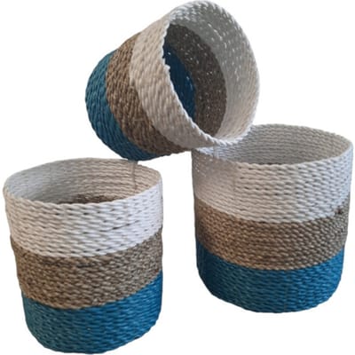 Furnilux Collection plantenbakken - mandenset - 3 stuks - wit en naturel en blauw