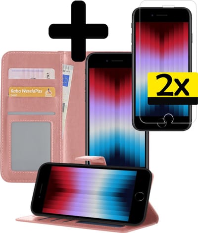 Hoesje - Met 2x Screenprotector - Geschikt voor Apple iPhone SE (2022) - Luxe Pasjeshouder - Bookcase Portemonee - Flip Case - Kunstleer Book Case - Flipcase Hoes - Book Cover - Walletcase - Portemonneehoes - Telefoonhoesjes - Rosé goud