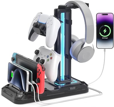 Headsetstandaard met Oplaadstation – RGB Gaming Headphone Stand met Controllerhouder – 9 Lichtmodi – USB & USB-C – Zwart