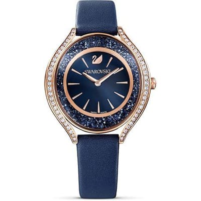 Swarovski Crystalline Aura Horloge Kwarts Uurwerk Leren Band Blauwe Wijzerplaat 50m Waterbestendig Dameshorloges 5519447 Regular Watch Box,Dark Blue Watch Dial gray