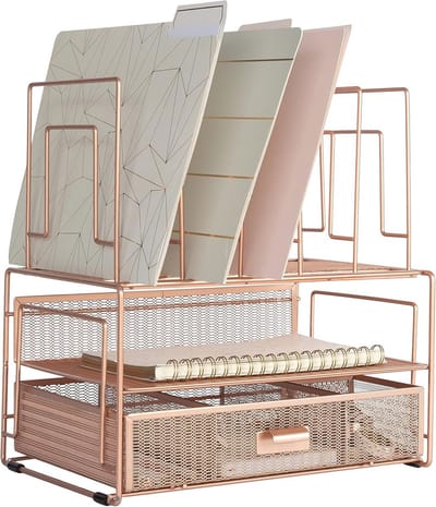 Rose Gold Bureauorganisatie: Alles-in-één Desktop Rack File Organizer met Lade