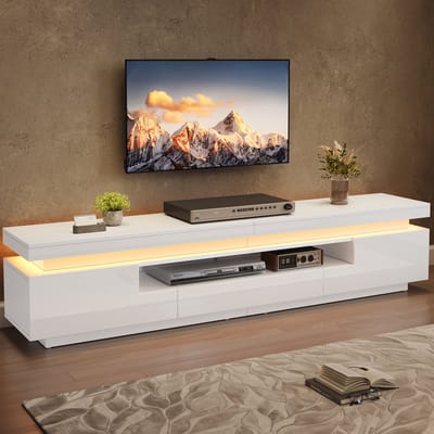TV-meubel 160x35x60 cm - Hoogglans met LED en Glasplank - MDF - Wit