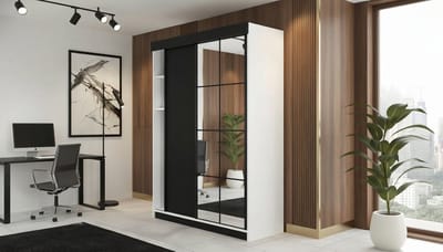 Kledingkast met Schuifdeuren en Spiegel Casa Velluto Lamaro Elegance – Moderne Garderobe voor Slaapkamer en Hal – Wardrobe 167x205x59 cm – Wit & Zwart – Opbergkast met Laden en Planken
