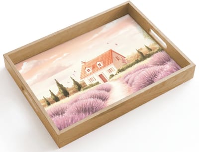 Dienblad hout 40x30 cm - Schootdienblad - Lavendelveld - Huis - Paars - Borrelplank rechthoek - Plateau dienbladen