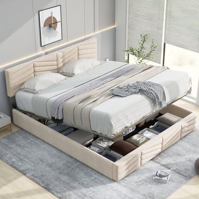 Gestoffeerd tweepersoonsbed met verstelbaar hoofdeinde - Slaapkamer en tienerkamer 140x190 cm - Beige - Hollands fluweel - 9 cm dik hoofdbord met knopen - Inclusief houten lattenbodem