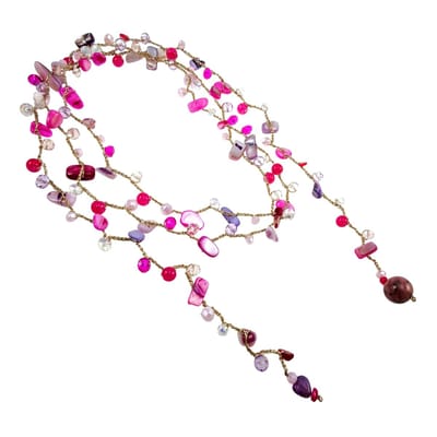 Gehaakte Ketting in Roze en Paars, Damesketting 185 cm met Kristallen en Natuurlijke Stenen - Ontwerp en Handgemaakt door esde2