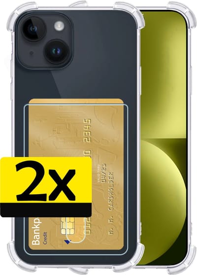Hoesje - 2 Stuks - Geschikt voor Apple iPhone 15 - Met Pashouder en Kaarthouder - Telefoon Hoes Shockproof - Siliconen Case - Back Cover - Shock Proof - Pasjes Houder - Telefoonhoesjes - Transparant