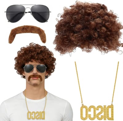 Retro Disco Kostuum voor Mannen met Perücke, Zonnebril en DISCO Ketting voor Carnaval en Feestjes