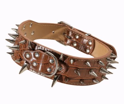 Bruine Leren Hondenhalsband met Spikes | Krokodillen patroon Stoere Hondenhalsband met spikes | Maat L | Fortuna Crocodile Halsband | Petshop Seven®