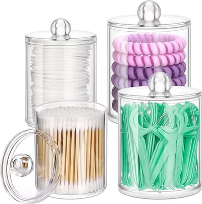 Badkamer Organizer Set met Deksel - 10oz Potjes voor Wattenstaafjes, Make-up en Schoonmaakaccessoires - 4 Stuks