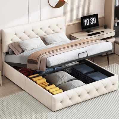 Opbergbed 140x190 cm met lattenbodem, beige fluwelen Tweepersoonsbed voor volwassenen, verstelbaar gestoffeerd hoofdeinde, metalen frame en houten lattenbodem