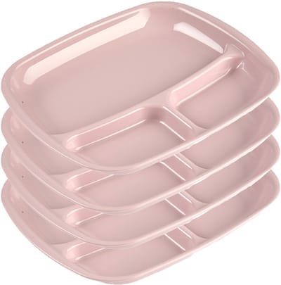 Plasticforte vakjes diner borden - 4x - roze - kunststof - 21 x 24 cm - 3 vakken - bbq en camping