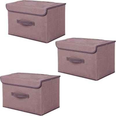 SnelShoppen - 3 Vouwbare Opbergdozen met Deksel - Organisatieboxen van Linnen voor Kleding, Speelgoed en Textiel - Currant - 36x23x24cm