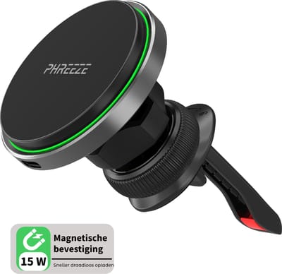 Phreeze MG02 Qi - Telefoonhouder Auto Ventilatie - Telefoonhouders Auto Magnetisch - Geschikt voor MagSafe Autohouder - Draadloze Autolader - Magnetisch - 15W - Qi - Metalen Ventilatiehaak - GSM Houder Auto
