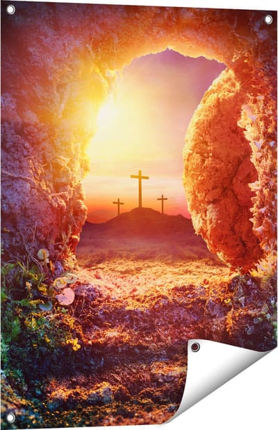 Gards Tuinposter Kruisiging bij Zonsopgang - Opstanding Jezus - 60x80 cm - Tuindoek - Tuindecoratie - Wanddecoratie buiten - Tuinschilderij