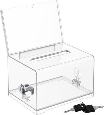Dailygoods- Donatiebox met sleutelslot - Transparante stembus - Acryl - Lichtgewicht - Duurzaam - Inclusief schildhouder 16