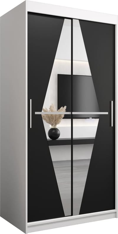InspireMe - Kledingkast met 2 schuifdeuren, Modern-stijl, Een kledingkast met planken en een spiegel (BxHxD): 100x200x62 - BOLA 100 Wit Mat + Zwart
