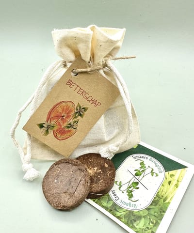 Beterschap, tuinkers,stoffen zakje, klein kadootje,attentie,duurzaam,biologisch,eco,greengift,