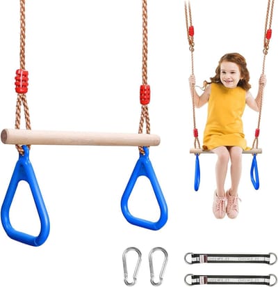 Trapeze Schommel met Ringen - Gymnastiekringen Hout - Buitenspelen Kinderen - Verstelbare Ophanging - 45 cm Bar - Blauw