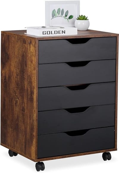 Dossierkast - Ladekast – 5 Lades – Kantoorkast op Wieltjes – Bruin/Zwart – 66,5 x 48 x 39,5 CM