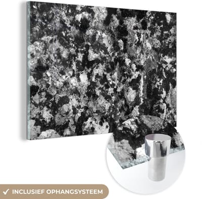 Glasschilderij zwart wit - Zwart - Wit - Steen - Graniet - 150x100 cm - Foto op glas - Slaapkamer decoratie