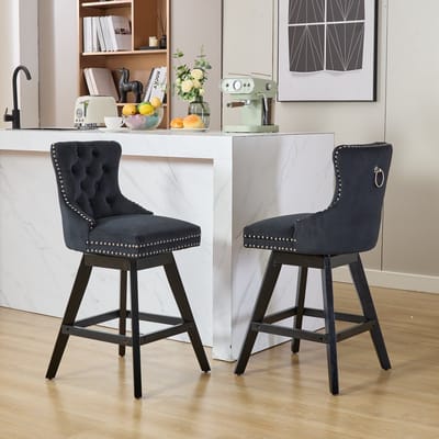 Eetkamerstoelen - Set van 2 - Draaibare Barstoelen met Gecapitonneerde Rugleuning - Houten Poten - Chrome Nagelrand - Luxe Stoelen voor Keuken Eetkamer Woonkamer - Zwart