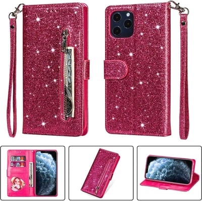 Portemonnee Hoesje - Wallet Case - Rits Sparkly Glitter - Telefoonhoes met Kord Geschikt voor: Apple iPhone 12 Mini - Roze