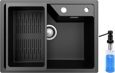 CECIPA max Granieten Spoelbakken (65*45cm) Zwart - Spoelbak Keuken Met Zeepdispenser 300ML - Wasbak Keuken Met Waterafvoersysteem en Wasbak Vergiet