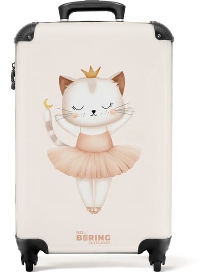 NoBoringSuitcases.com® - Kinderkoffer meisje - Kindertrolley meisjes - Ballerina kitten in beige kleuren - Handbagage koffer lichtgewicht - Reiskoffer trolley kinderen - Rolkoffer met wieltjes - Past binnen 55x40x20 en 55x35x25